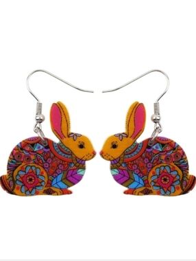 Colorful Folk Art Bunny Earrings - Yellow & Multicolor